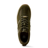 Ariat Ladies Ranch Runner H20 Varient Olive Night. Olive green trainer with a white sole and 'Ariat' branding from a birds eye view perspective.