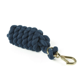 Navy leadrope with gold clip on a white background.