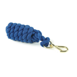 Blue leadrope with gold clip on a white background.