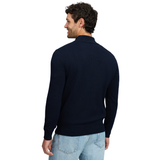 LeMieux AW26 Mens Quarter Zip Knit Varient Navy. A man wearing a dark navy blue knit sweater, shown from the back and side profile against a plain white background.