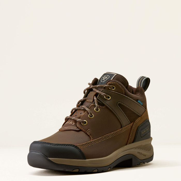 Ariat Ladies Terrain Trek H20 Variant Dark Chocolate. A brown mid-top hiking boot with a black toe cap and sole, shown from a three-quarters angle against a light beige background.