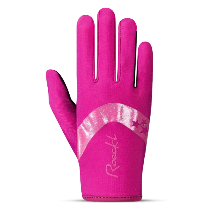 Pink riding glove with glittery star detailing on a white background.