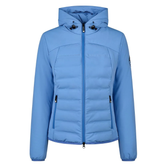 Pikeur AW26 Athleisure Quilted FlexJacket Variant Electric Blue. A light blue hooded puffer jacket with a full front zipper, zippered hand pockets, and drawstring hood details, shown on a plain white background.