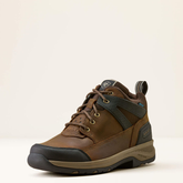 Ariat Men's Terrain Trek H20 Variant Dark Chocolate. A brown mid-cut hiking boot with dark green overlays, a black toe cap, and a beige and black sole, shown against a plain off-white background.