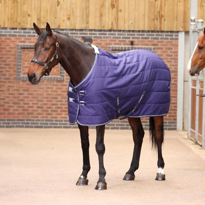 A dark brown horse standing in a stable wearing a purple quilted horse blanket with white trim and snap closures. A brick wall and wooden stable background are visible.
