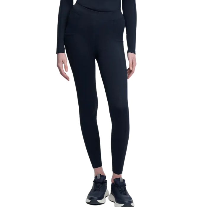 Person wearing black leggings and black shoes on a white background
