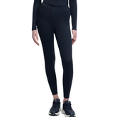 Person wearing black leggings and black shoes on a white background