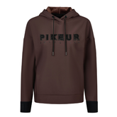 Pikeur AW26 Plushluxe Hoody Variant Chocolate/Brown. A dark brown pullover hoodie with black ribbed cuffs, a black hood lining, and a black 'PIKEUR' logo printed across the chest, shown on a plain white background.