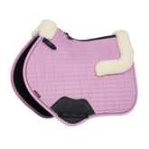 Pink saddle pad with white fur trim on a white background