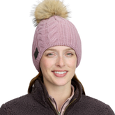 Lady wearing a pink knit beanie against a white background.