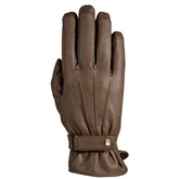 A single brown leather glove shown flat against a plain white background, featuring a wrist strap closure.