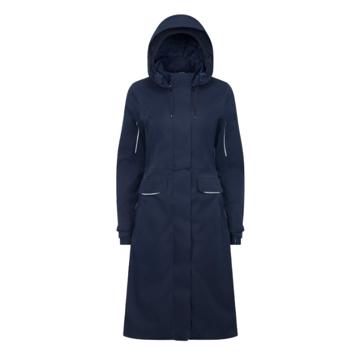 LeMieux AW26 Stormwear Performance Riding Coat Varient Navy. A dark navy hooded raincoat with light gray piping details on the pockets and cuffs, shown on a plain white background.