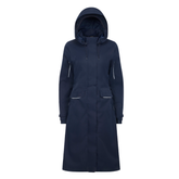 LeMieux AW26 Stormwear Performance Riding Coat Varient Navy. A dark navy hooded raincoat with light gray piping details on the pockets and cuffs, shown on a plain white background.