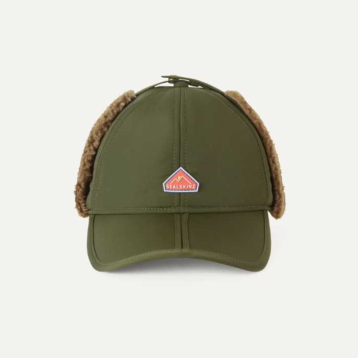 Green cap with brown ear flaps and a visible brand logo on a light gray background