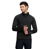 Man wearing a Black 1/4 zip sweatshirt against a White background.