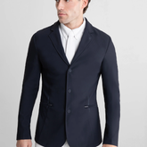 Navy blazer worn by a person on a light gray background