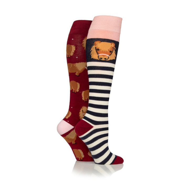 Two pairs of socks with animal designs on a white background