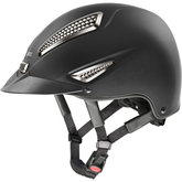 Matt black riding hat with chrome vents on white background 'Uvex'