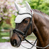 Bay horse head wearing white hood and bridle on faded back ground