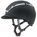Black riding helmet with silver accents 'Uvex' on a white background