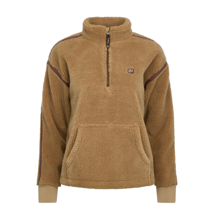 LeMieux AW26 Avery Teddy Quarter Zip Fleece Varient Caramel. A tan sherpa fleece quarter-zip pullover sweatshirt with dark brown contrast panels on the shoulders and sleeves, ribbed cuffs, and a small embroidered logo patch on the left chest, shown against a plain white background.
