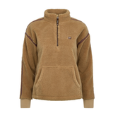 LeMieux AW26 Avery Teddy Quarter Zip Fleece Varient Caramel. A tan sherpa fleece quarter-zip pullover sweatshirt with dark brown contrast panels on the shoulders and sleeves, ribbed cuffs, and a small embroidered logo patch on the left chest, shown against a plain white background.