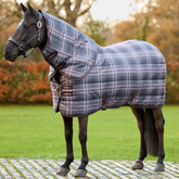 A dark horse standing outdoors on a cobblestone path in a grassy field, wearing a quilted horse blanket with a blue, gray, and pink plaid pattern and a matching neck cover.