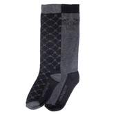 grey and black pair of socks on white background
