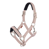 A light pink leather horse halter with black padded accents and silver metal hardware, shown against a plain white background.