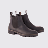 Dubarry Mens Antrim Country Boots Variant Black. A pair of dark brown Chelsea boots with elastic side panels and pull tabs, shown on a light gray background.