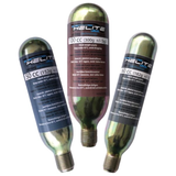 Three Helite CO2 canisters on a white background