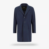 A navy blue wool-blend coat by Barbour, featuring a three-button front closure, notch lapels, and front patch pockets, shown against a light gray background.