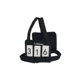 Black equestrian toy number bib with number display on a white background