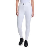 White riding pants worn by a person on a white background