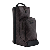 A dark brown and black plaid horse boot bag with a top handle, front zippered pocket, and a small gold-toned LeMieux Heritage logo patch, shown on a plain white background.
