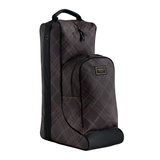A dark brown and black plaid horse boot bag with a top handle, front zippered pocket, and a small gold-toned LeMieux Heritage logo patch, shown on a plain white background.