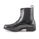 Black leather boot with a side zipper on a white background