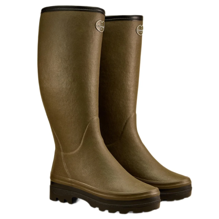 A pair of tall olive-brown rubber rain boots with dark soles and a small circular logo badge on the front, shown against a plain white background.