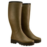 A pair of tall olive-brown rubber rain boots with dark soles and a small circular logo badge on the front, shown against a plain white background.