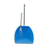 Blue dustpan with a black handle and metal rake on a white background