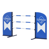 LeMieux Hobby Horse Jump Variant Benetton Blue. A LeMieux brand horse jump or gate with blue and white striped horizontal bars supported by blue and white branded side panels on a white background.