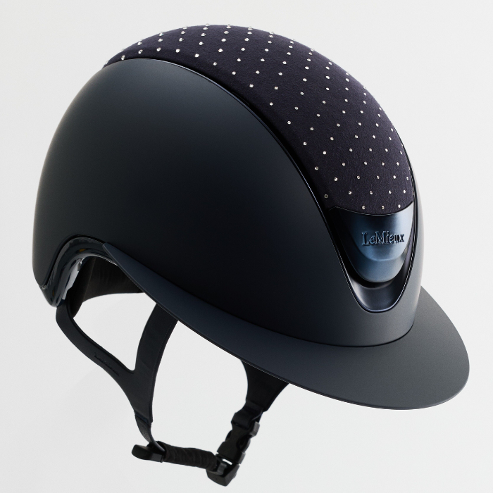 Lemieux Verv Panel Swaroski Variant Navy. Navy hat with Navy hat panel with crystals agaisnt a white background.