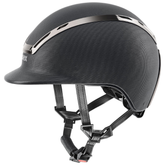 Black riding helmet with a silver brow bar on a white background
