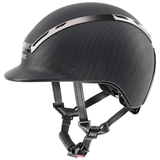 Black riding helmet with a silver brow bar on a white background