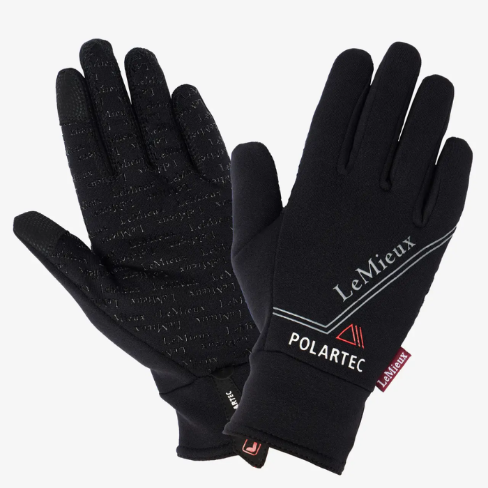 LeMieux AW26 Polartec Gloves Varient Black. Black gloves with visible grips on the inside and LeMieux detailing.