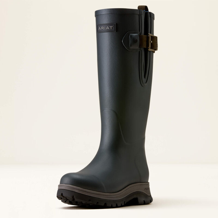 A single navy Ariat mid-calf rain boot with a brown sole and a brown buckle strap detail on the side, shown against a plain off-white background.
