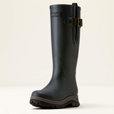 A single navy Ariat mid-calf rain boot with a brown sole and a brown buckle strap detail on the side, shown against a plain off-white background.