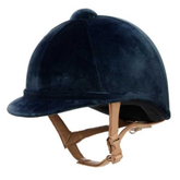 Navy blue riding helmet with tan leather straps on a white background
