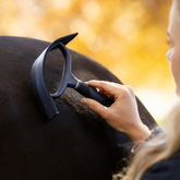 LeMieux AW26 Sweat Scraper varient Navy. A close-up lifestyle shot of a person grooming a dark horse outdoors. The person is holding a sweat scrape against the horse's dark coat, with a warm, golden background.