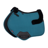 Teal equestrian saddle pad with black accents on a white background